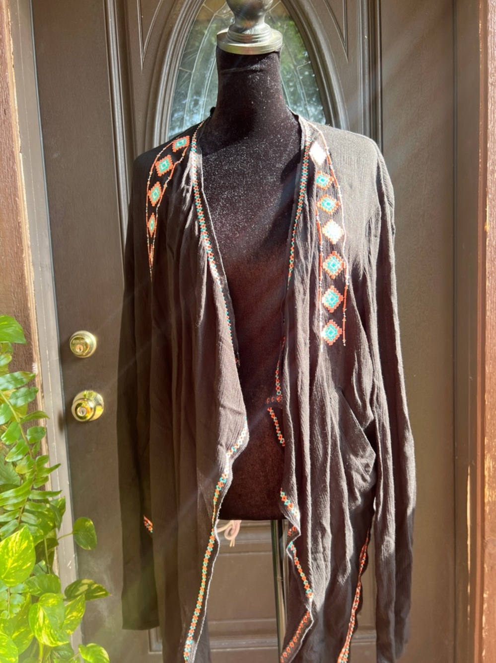Rock & Roll Cowgirl Black Sweater with Turquoise & Orange Embroidered Trim
